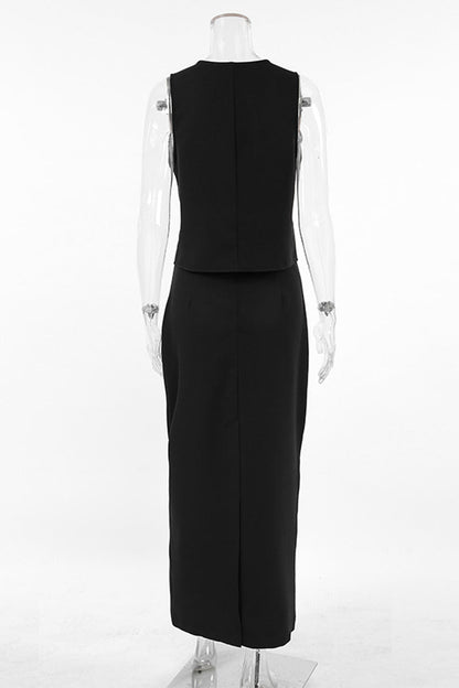 Conjunto informal de dos piezas con cuello en V, sin mangas, color liso, botones y diario