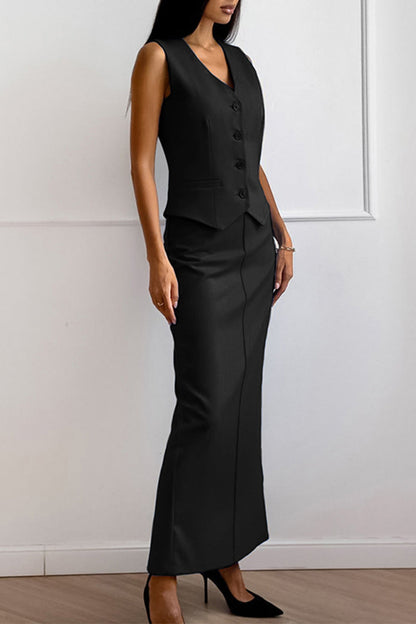 Conjunto informal de dos piezas con cuello en V, sin mangas, color liso, botones y diario