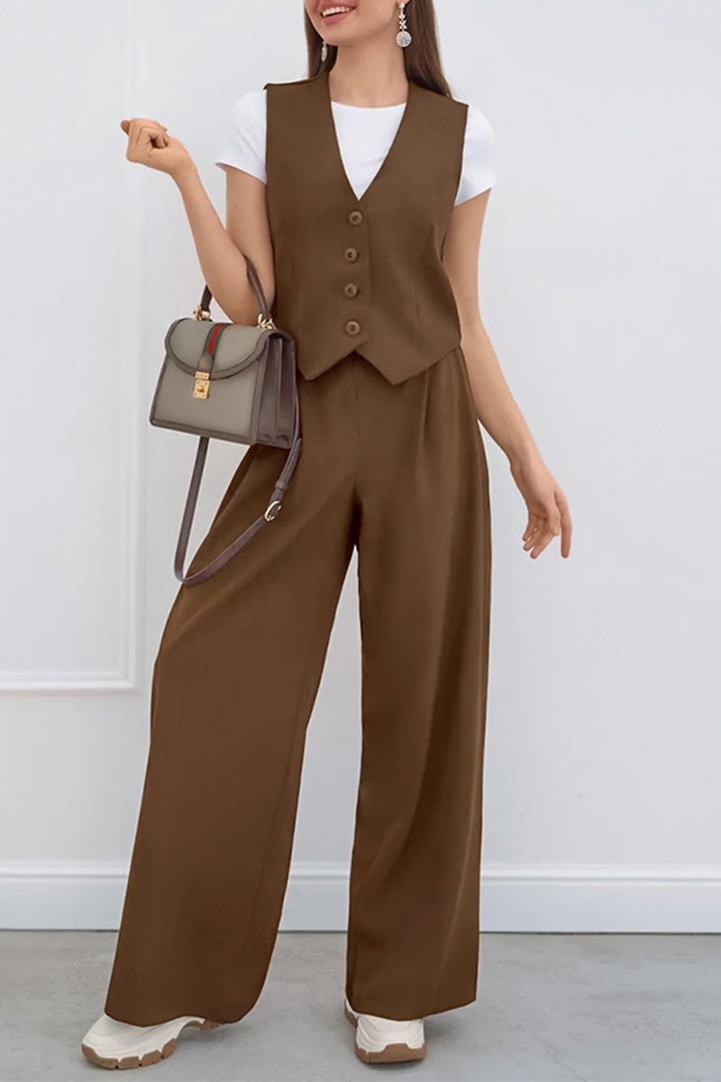 Conjunto informal de dos piezas con escote en V fruncido, sin mangas, color sólido y hebilla para uso diario