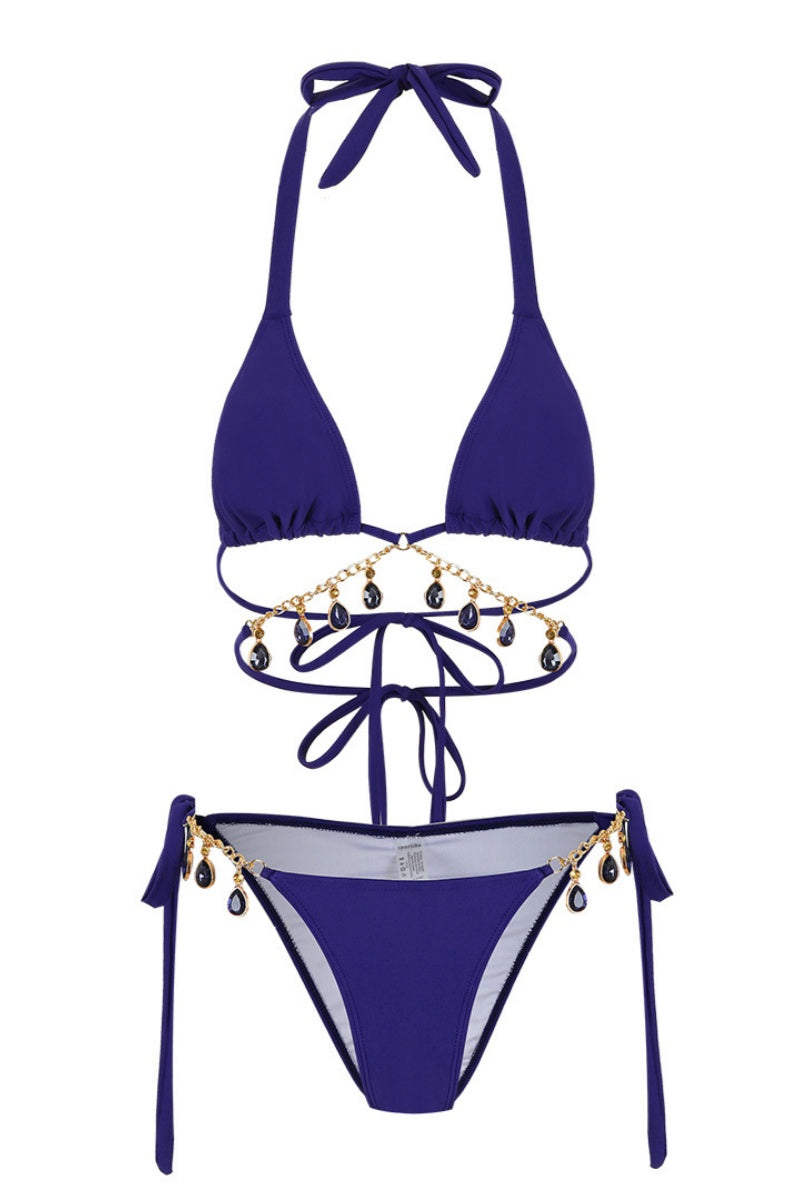 Traje de baño sexy con ribete de flecos, patchwork, espalda descubierta, cinturón y relleno