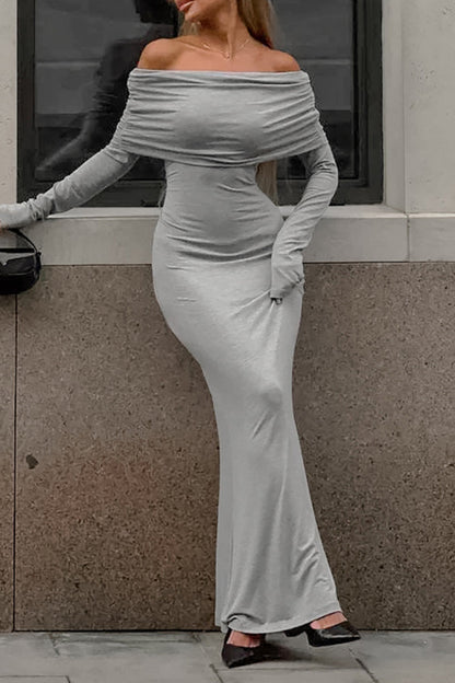 Vestidos sexis de calle de un solo paso con falda fruncida y hombros descubiertos en color liso