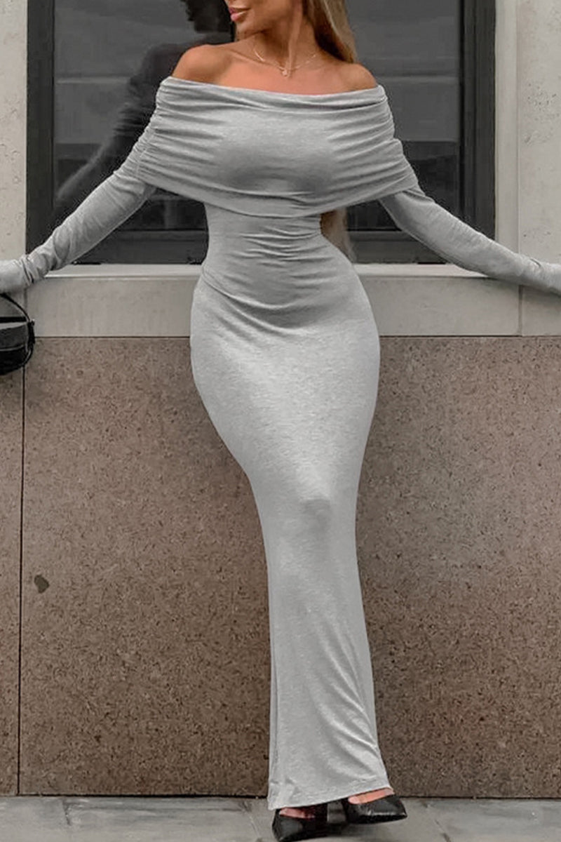 Vestidos sexis de calle de un solo paso con falda fruncida y hombros descubiertos en color liso