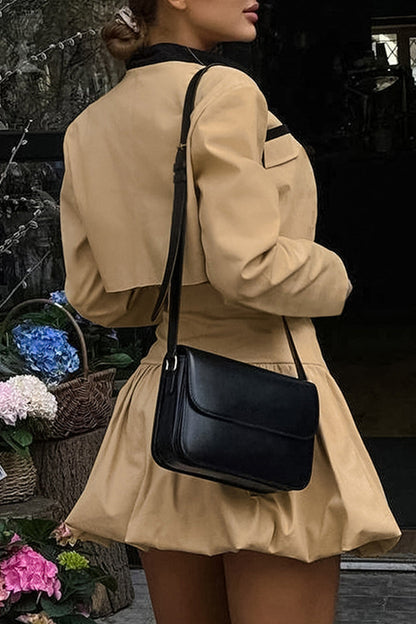 Conjunto informal de dos piezas con cuello redondo, manga larga y botones de color liso con patchwork en contraste