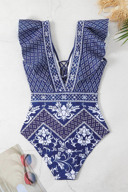 Traje de baño sexy con estampado de patchwork, espalda descubierta, cinturón y relleno