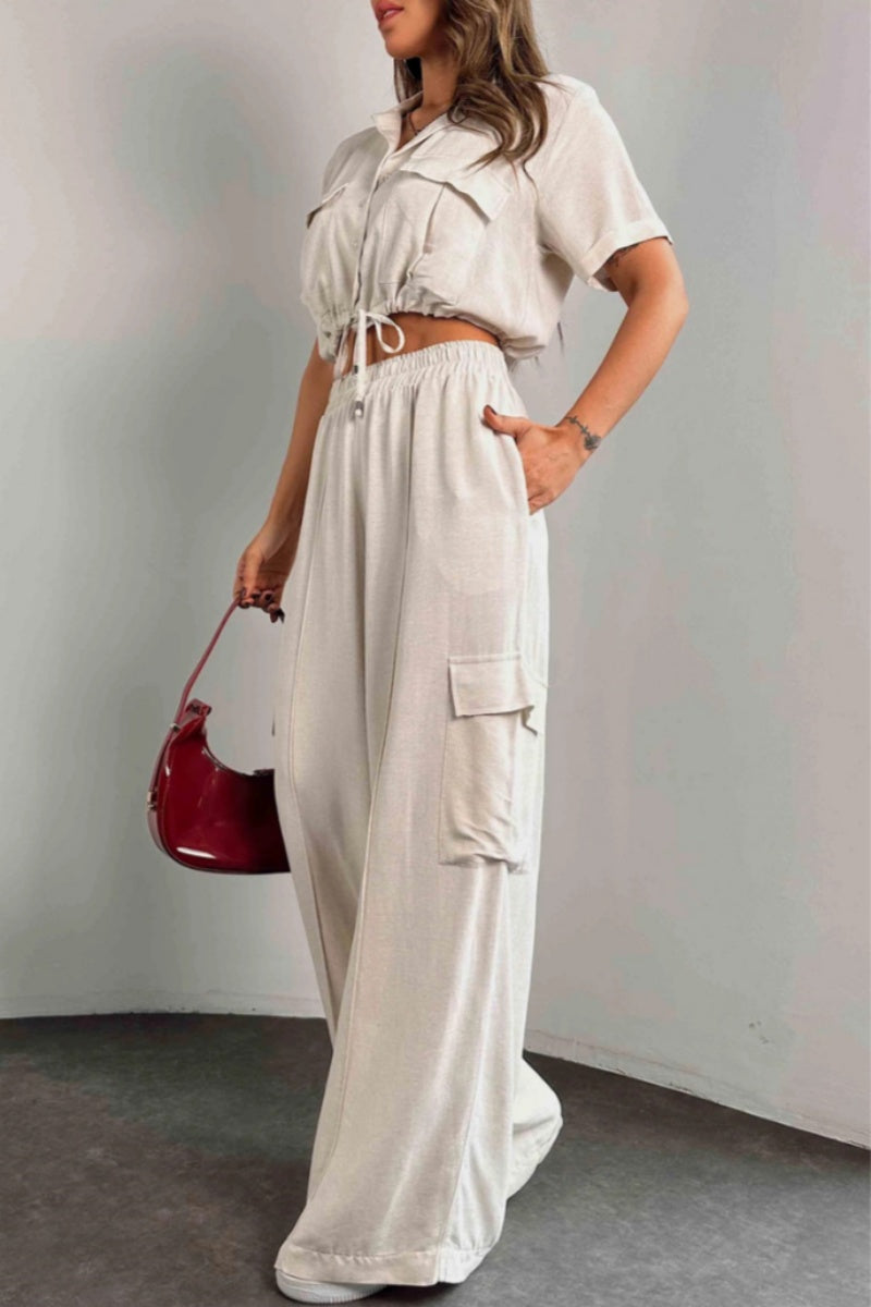 Conjunto informal de dos piezas con botones, cinturón, cuello vuelto, manga corta (3 colores)