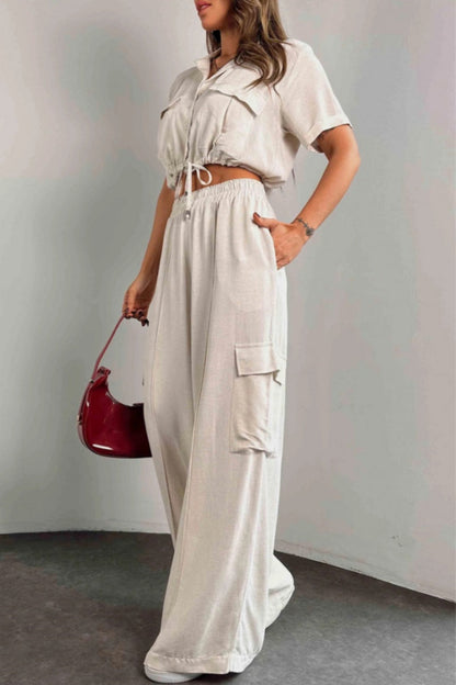 Conjunto informal de dos piezas con botones, cinturón, cuello vuelto, manga corta (3 colores)