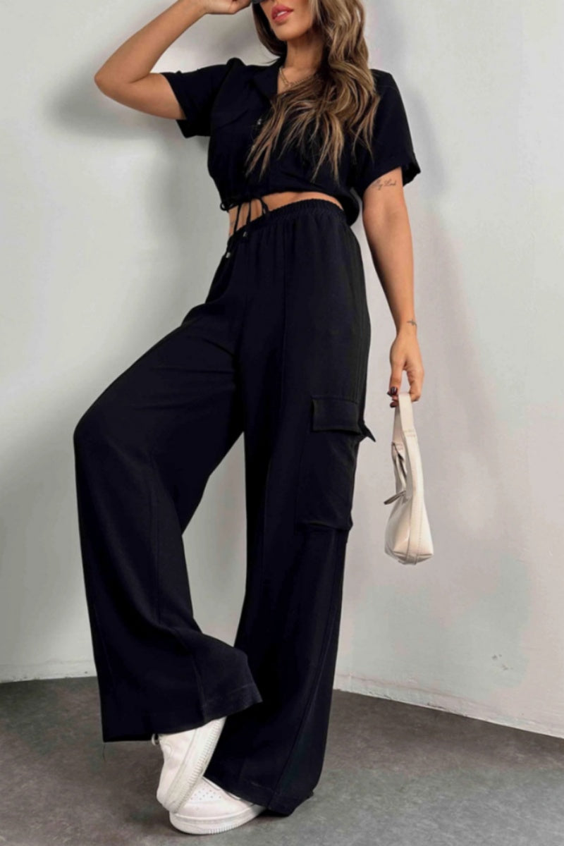 Conjunto informal de dos piezas con botones, cinturón, cuello vuelto, manga corta (3 colores)