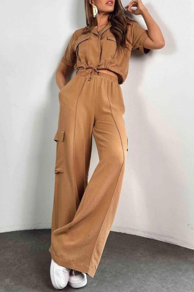 Conjunto informal de dos piezas con botones, cinturón, cuello vuelto, manga corta (3 colores)