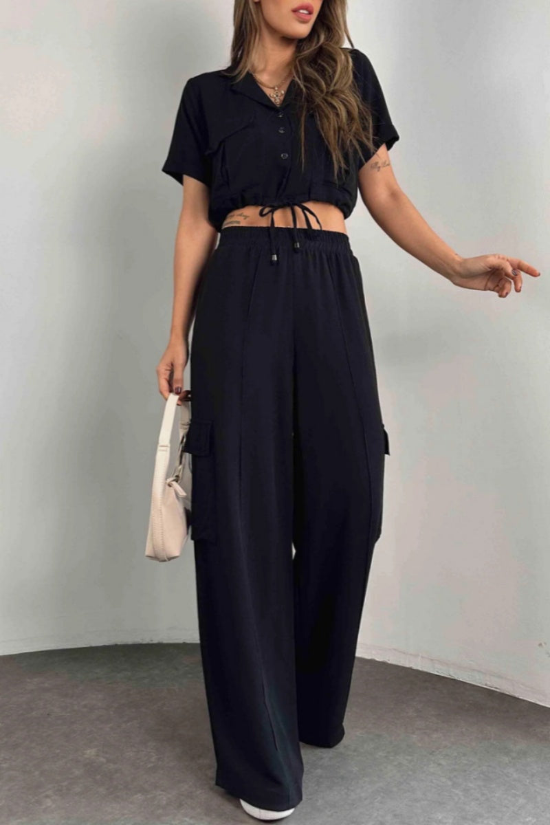 Conjunto informal de dos piezas con botones, cinturón, cuello vuelto, manga corta (3 colores)