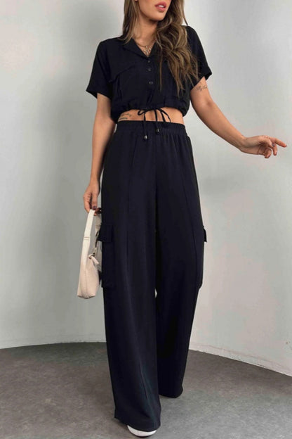 Conjunto informal de dos piezas con botones, cinturón, cuello vuelto, manga corta (3 colores)