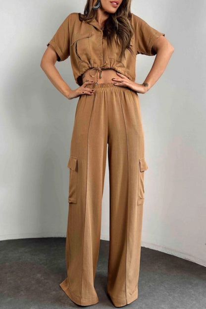 Conjunto informal de dos piezas con botones, cinturón, cuello vuelto, manga corta (3 colores)