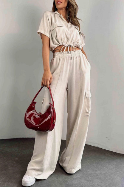 Conjunto informal de dos piezas con botones, cinturón, cuello vuelto, manga corta (3 colores)