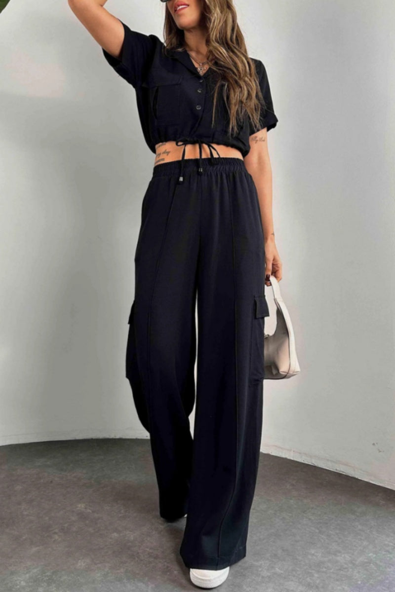 Conjunto informal de dos piezas con botones, cinturón, cuello vuelto, manga corta (3 colores)