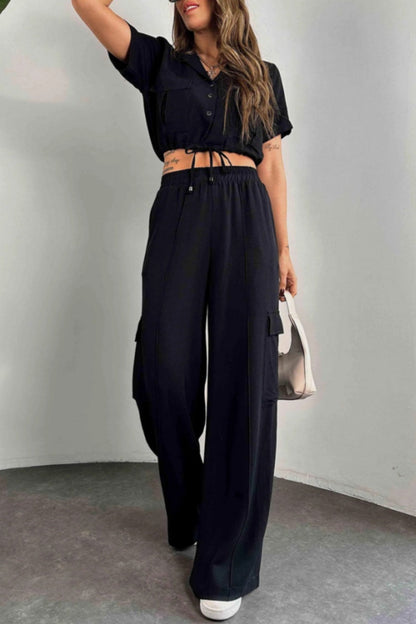 Conjunto informal de dos piezas con botones, cinturón, cuello vuelto, manga corta (3 colores)