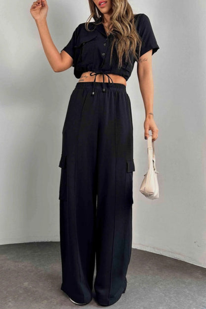 Conjunto informal de dos piezas con botones, cinturón, cuello vuelto, manga corta (3 colores)