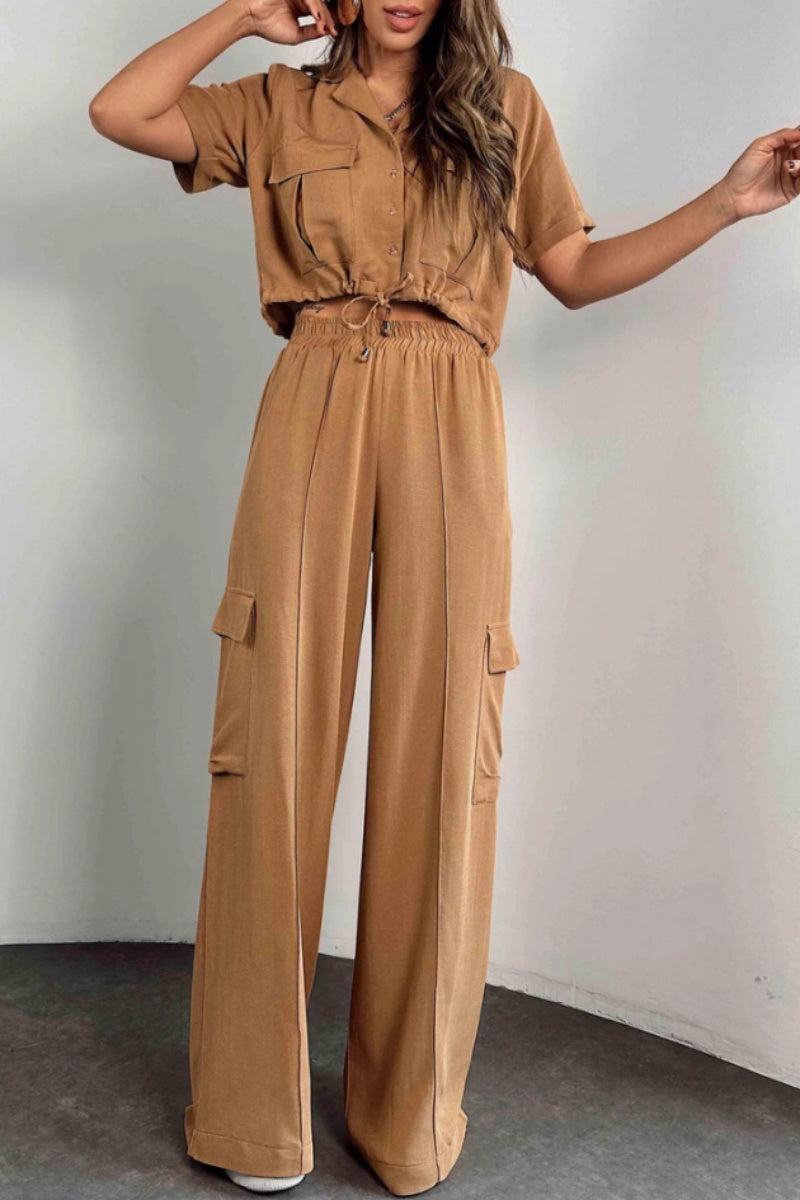 Conjunto informal de dos piezas con botones, cinturón, cuello vuelto, manga corta (3 colores)