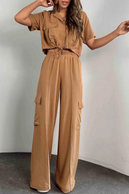 Conjunto informal de dos piezas con botones, cinturón, cuello vuelto, manga corta (3 colores)