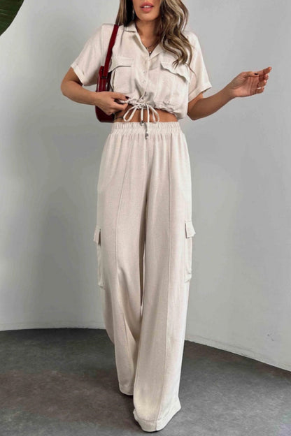 Conjunto informal de dos piezas con botones, cinturón, cuello vuelto, manga corta (3 colores)