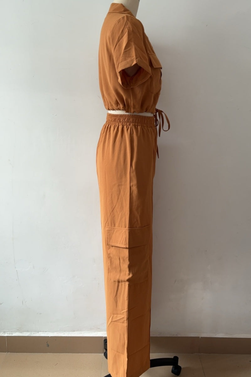 Conjunto informal de dos piezas con botones, cinturón, cuello vuelto, manga corta (3 colores)