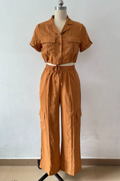 Conjunto informal de dos piezas con botones, cinturón, cuello vuelto, manga corta (3 colores)