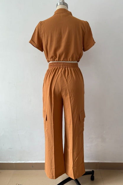 Conjunto informal de dos piezas con botones, cinturón, cuello vuelto, manga corta (3 colores)