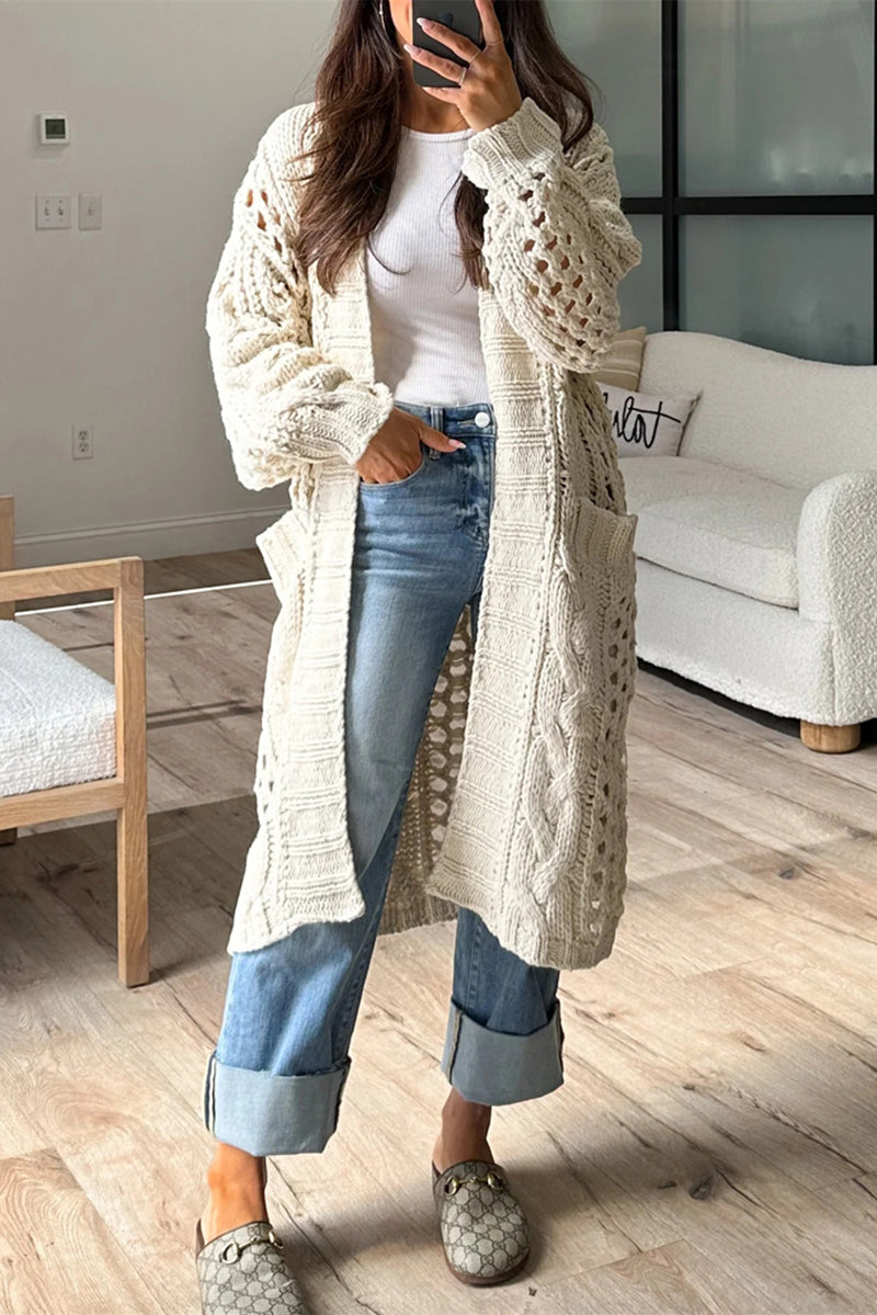 Cárdigan informal de uso diario con bolsillos calados en color liso y cuello tipo cárdigan