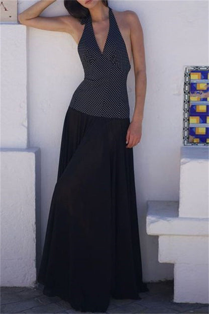 Vestidos largos sexis informales con estampado, espalda descubierta, cinturón y cuello halter