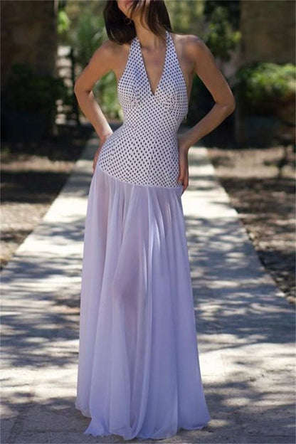 Vestidos largos sexis informales con estampado, espalda descubierta, cinturón y cuello halter