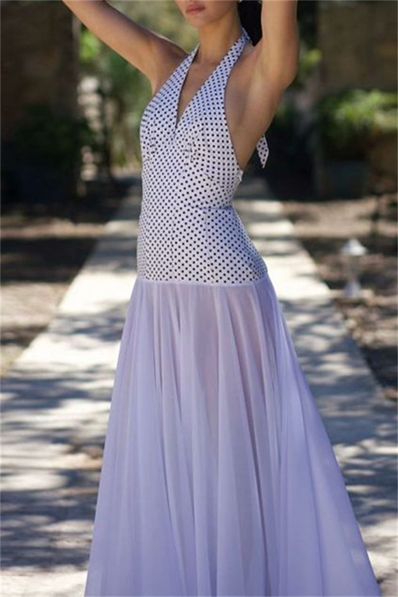 Vestidos largos sexis informales con estampado, espalda descubierta, cinturón y cuello halter