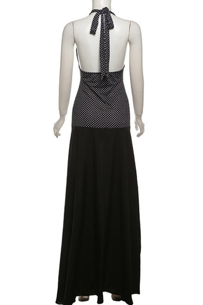 Vestidos largos sexis informales con estampado, espalda descubierta, cinturón y cuello halter