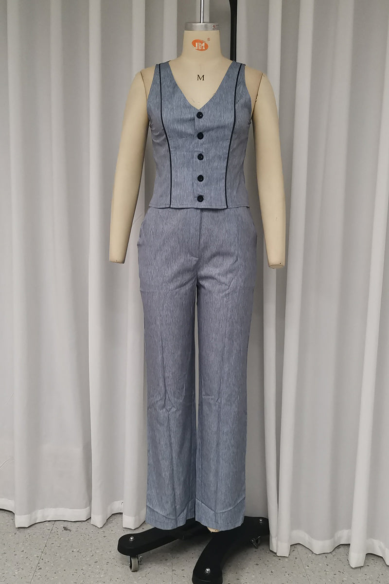 Conjunto informal de dos piezas con cuello en V, sin mangas, botones y color sólido