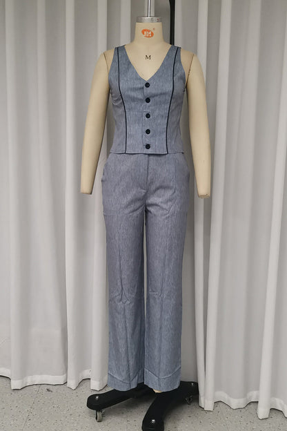 Conjunto informal de dos piezas con cuello en V, sin mangas, botones y color sólido