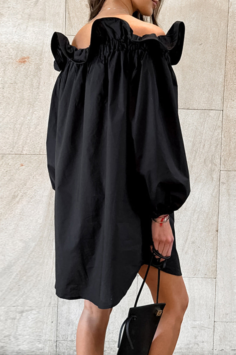 Vestidos casuales de color sólido con volantes y hombros descubiertos