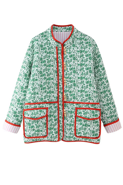 Prenda exterior informal con estampado de flores, bolsillo, patchwork, contraste, cuello redondo