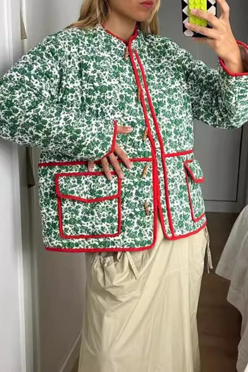 Prenda exterior informal con estampado de flores, bolsillo, patchwork, contraste, cuello redondo