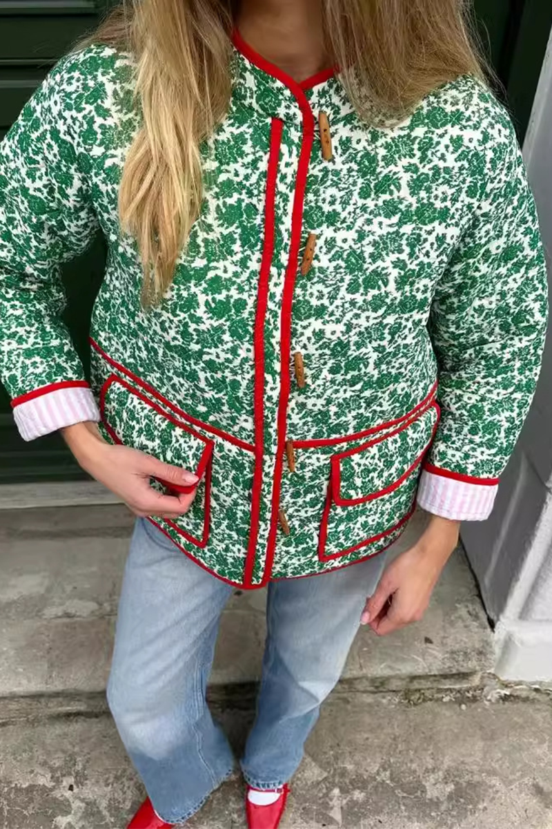 Prenda exterior informal con estampado de flores, bolsillo, patchwork, contraste, cuello redondo