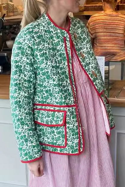 Prenda exterior informal con estampado de flores, bolsillo, patchwork, contraste, cuello redondo