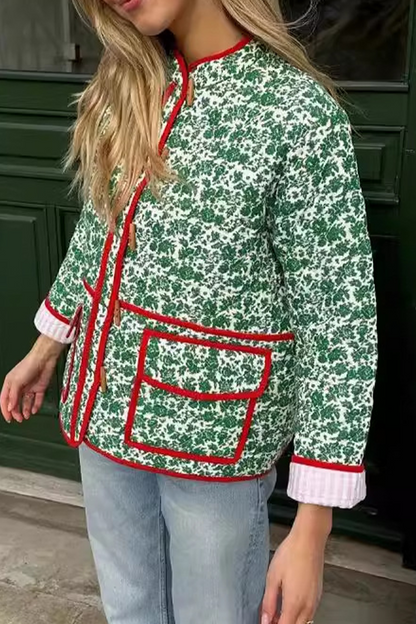 Prenda exterior informal con estampado de flores, bolsillo, patchwork, contraste, cuello redondo