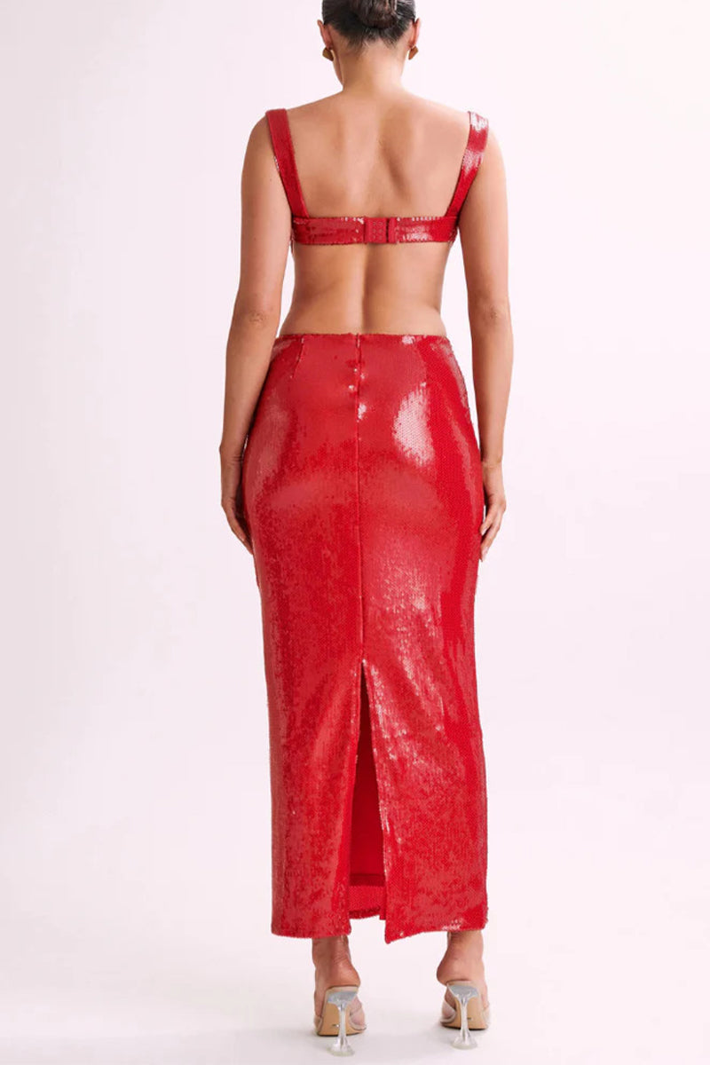 Vestidos sexis de fiesta con lentejuelas, espalda descubierta, escote cuadrado, falda de un solo paso