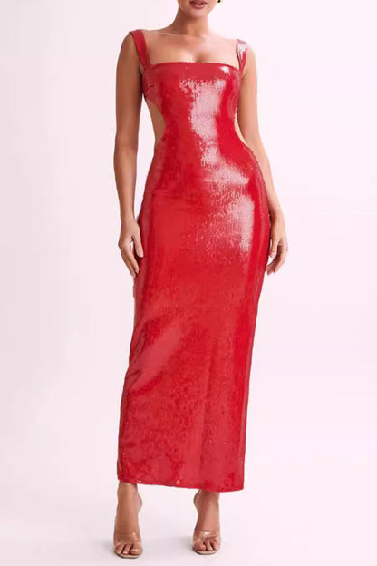 Vestidos sexis de fiesta con lentejuelas, espalda descubierta, escote cuadrado, falda de un solo paso