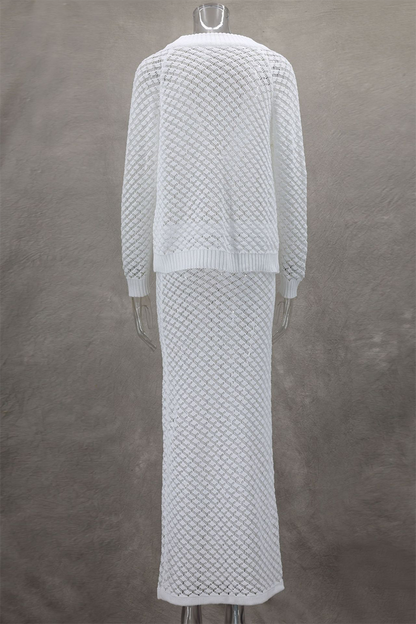 Conjunto de dos piezas elegante de color liso con botones calados, escote en V y manga larga