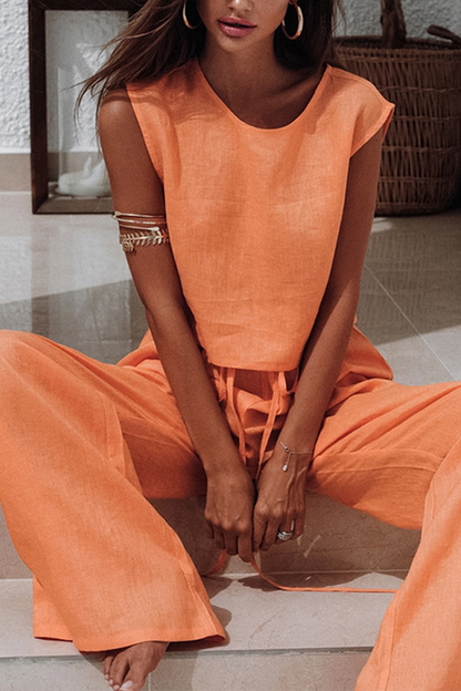 Conjunto informal de dos piezas, sin mangas, cuello redondo, color sólido, con cordones y diario