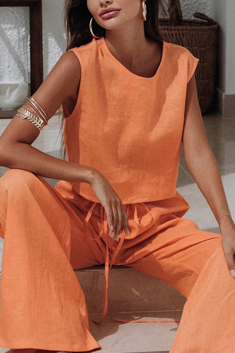 Conjunto informal de dos piezas, sin mangas, cuello redondo, color sólido, con cordones y diario