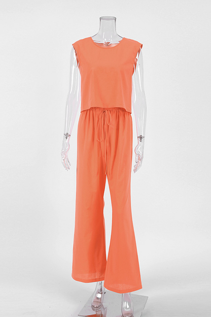 Conjunto informal de dos piezas, sin mangas, cuello redondo, color sólido, con cordones y diario