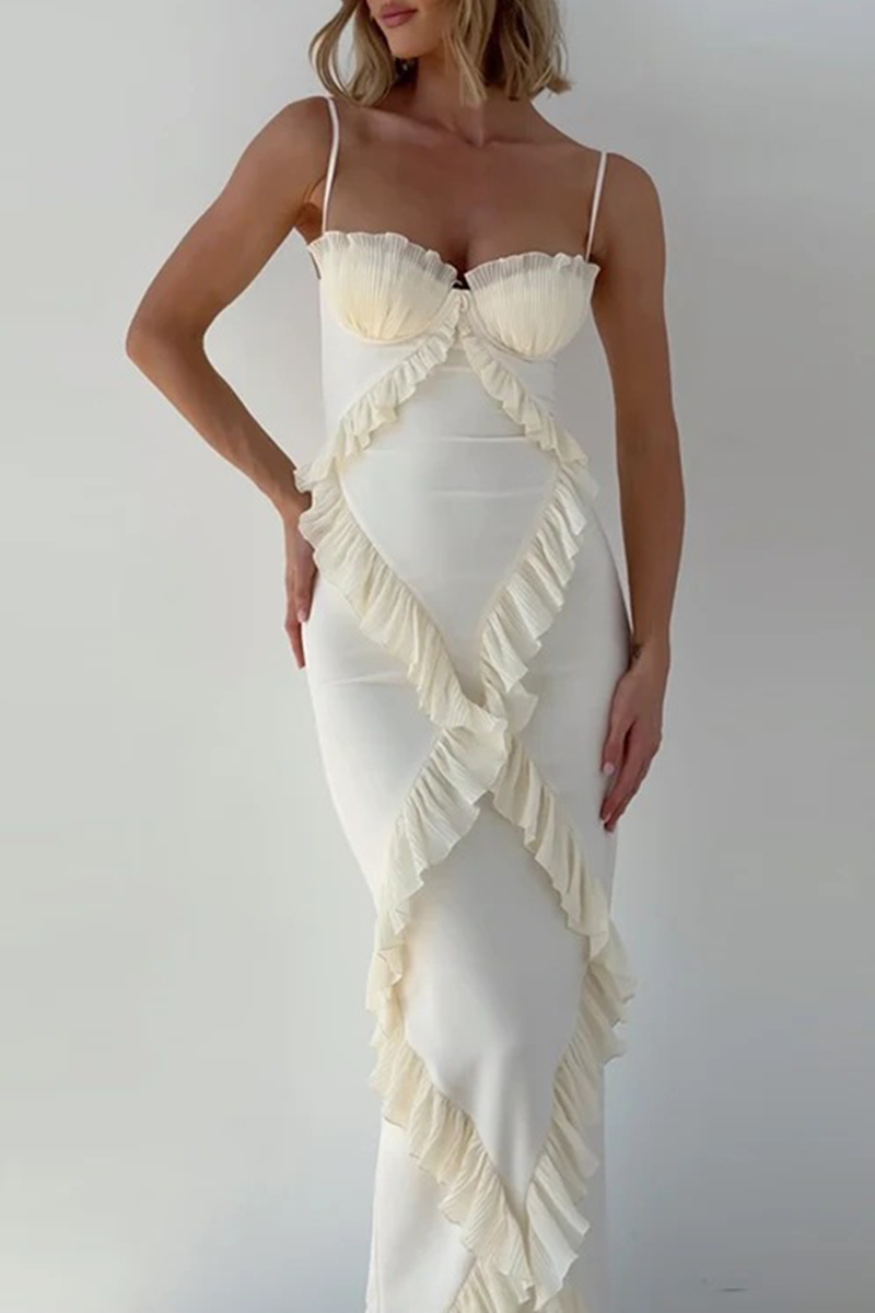 Vestidos sexis de cuello en V con volantes y patchwork en color liso