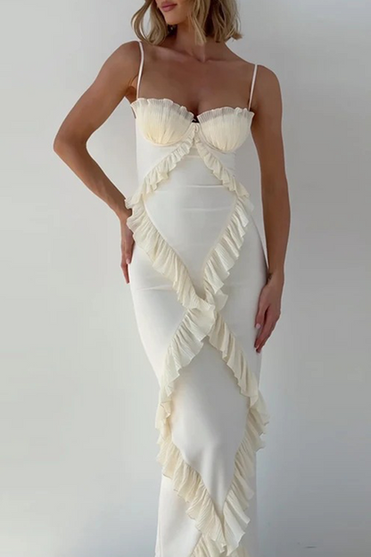 Vestidos sexis de cuello en V con volantes y patchwork en color liso