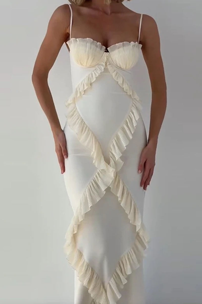 Vestidos sexis de cuello en V con volantes y patchwork en color liso