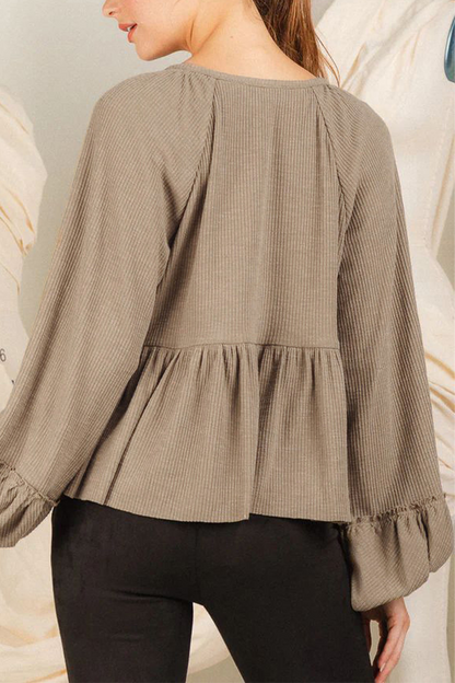 Blusa informal de cuello en V con botones y frunces de color liso para uso diario (5 colores)