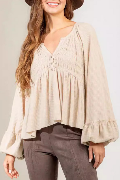 Blusa informal de cuello en V con botones y frunces de color liso para uso diario (5 colores)