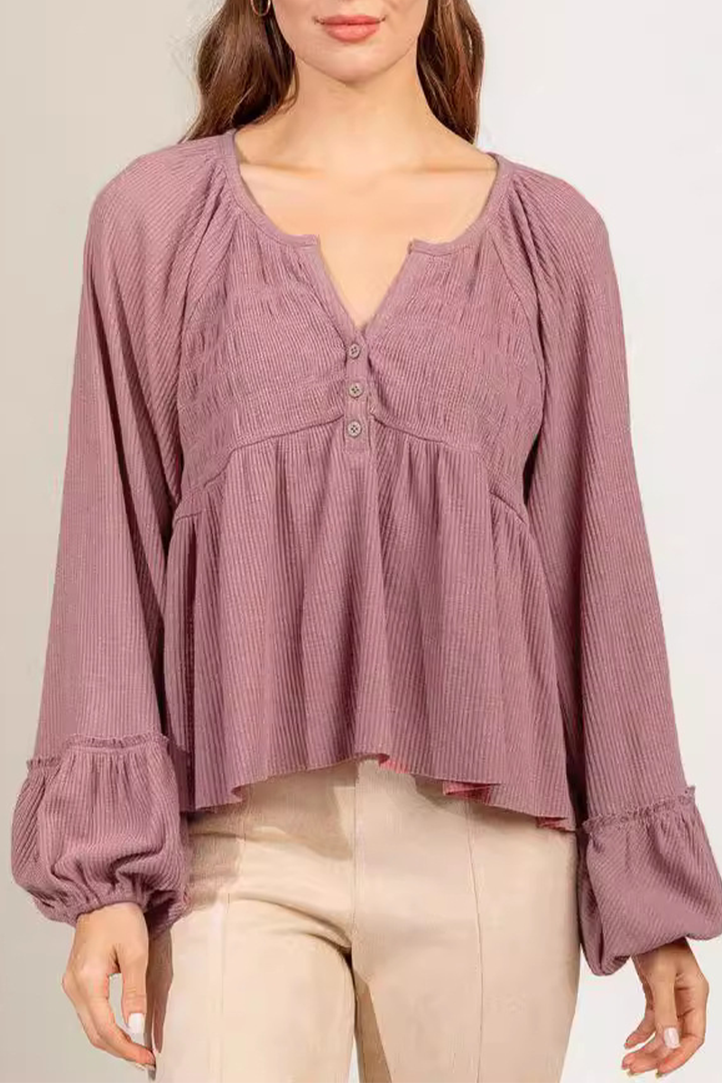 Blusa informal de cuello en V con botones y frunces de color liso para uso diario (5 colores)